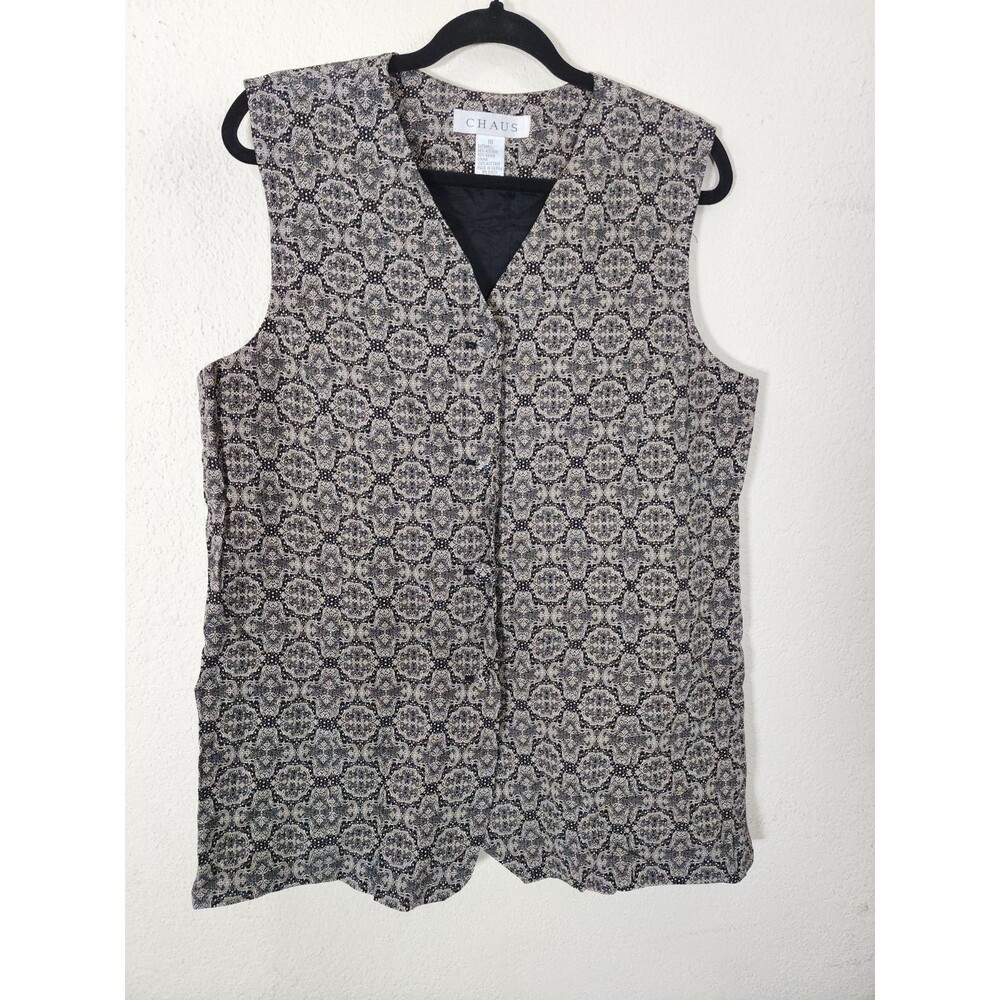 CHAUS Womens Vest Size 16 Black Beige Geometric Jacquard Vintage 90s Waistcoat